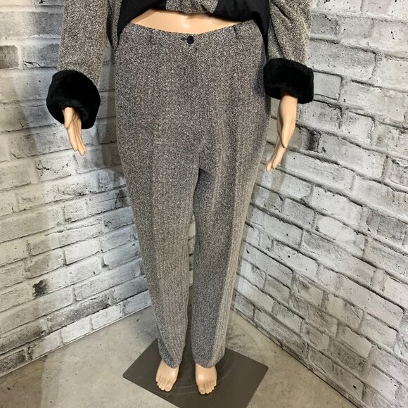 Vintage Pant Suit Tweed Herringbone Faux Fur Collar Blazer High Rise 2 Piece Set - Picture 4 of 16